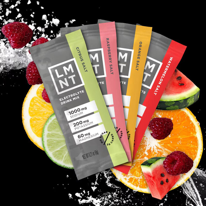LMNT watermelon, orange, citrus and raspberry electrolyte mixes with pieces of fruit