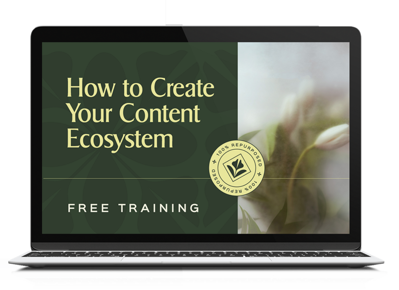 Laptop mockup with an image that reads how to create your content ecosystem free training