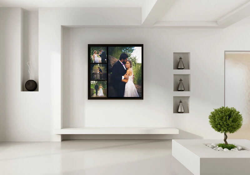 Wedding portraits framed and hung on a wall
