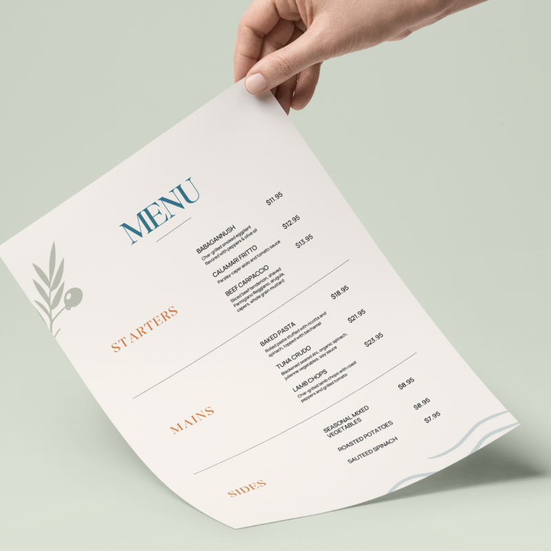 Menu design for a restaurant