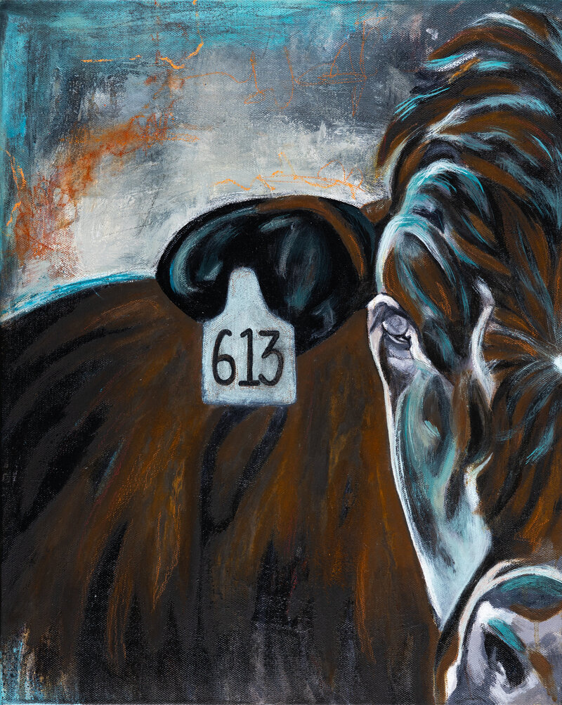 Christen-Horner-Art-Austin-Texas-OriginalPainting-2024-Angel-Eyes-16x20-Black-Cow-Rust-Turquoise