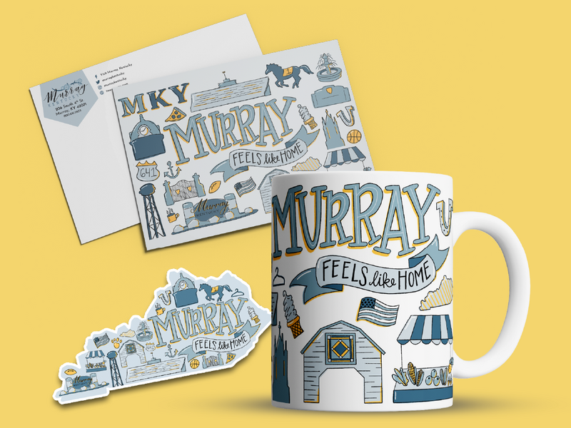 Postcard, Decal, Sticker and Coffee mug with illustration design for Murray, Kentucky Tourism designed by Amanda Newman Design in Paducah, Kentucky