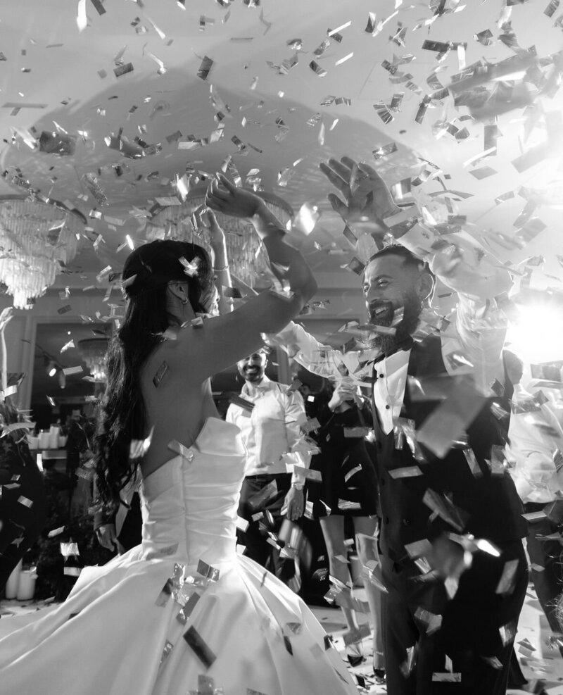 Celebratory first dance with confetti, exemplifying LIMCO’s comprehensive eight-week program that prepares couples to shine brightly.