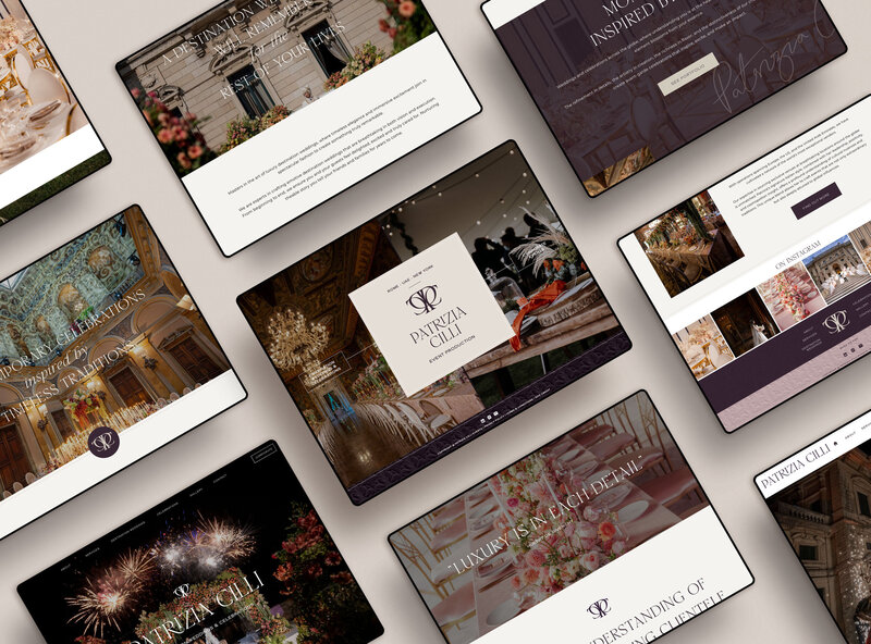Full-width landscape web mockups for Patrizia Cilli brand design on a neutral background