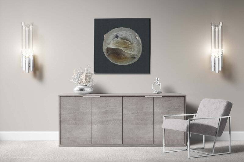 Fine Art Canvas with a silver frame featuring Project Stardust micrometeorite NMM 2365 for luxury interior design