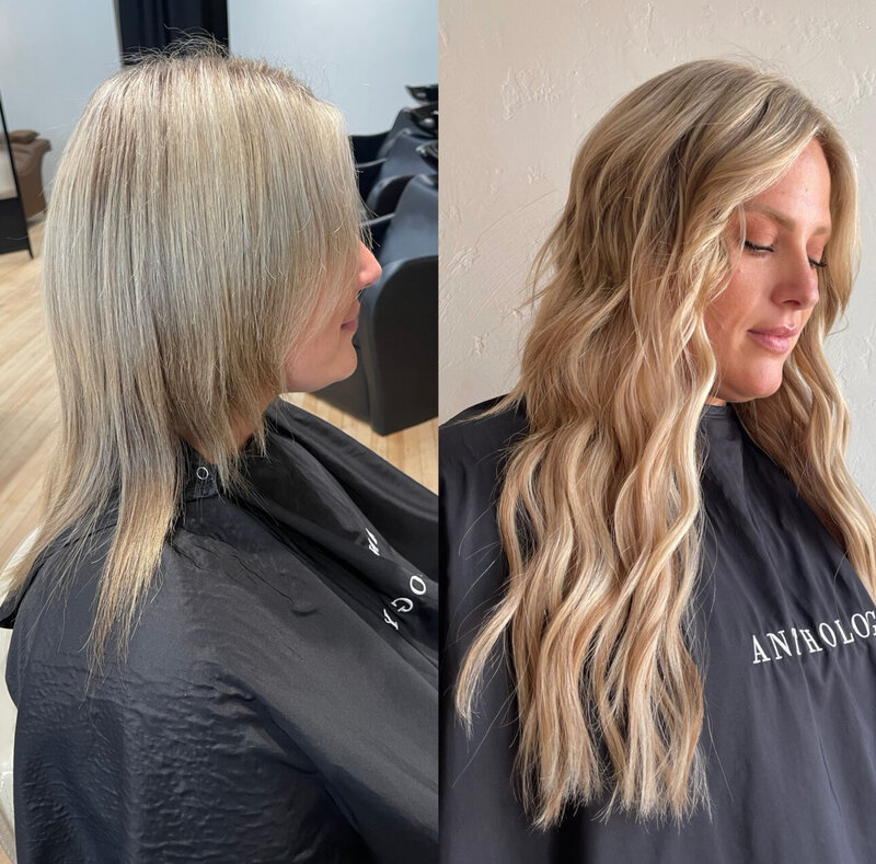 Happy client showing before and after of her new hair extensions after her appointment at Anthology Salon near Appleton