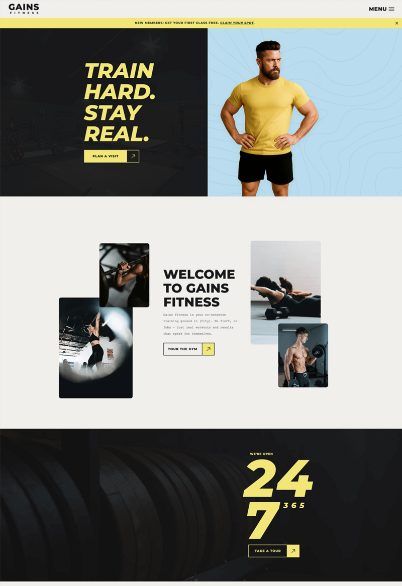 Homepage layout of Gains Showit website template for gyms and fitness coaches.
