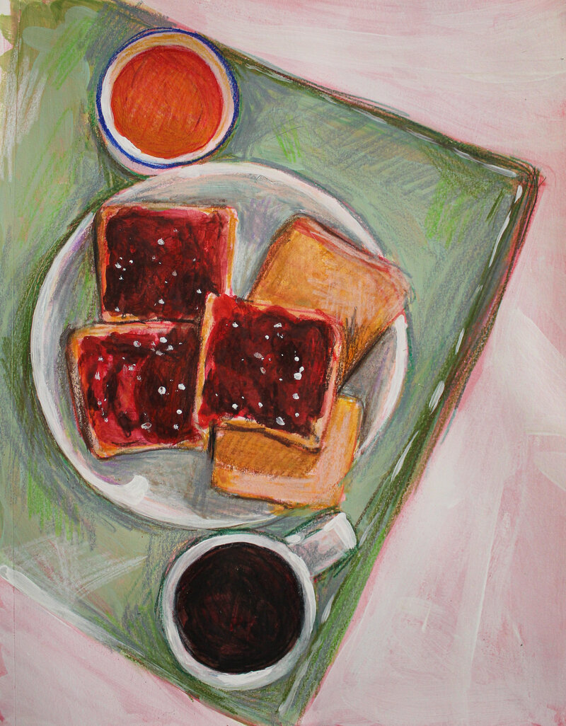 morning toast with jam, acrylic paint and colored pencil on paper, 2020