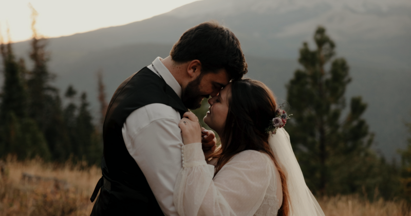 Bride and Groom Hugging in Oregon Mt. Hood
