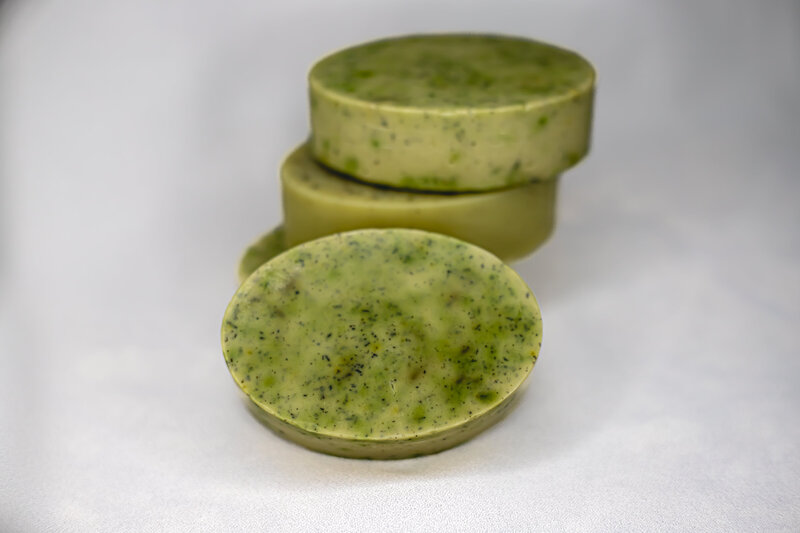 Stack of lavender oatmeal soap bars from Berry and Balm