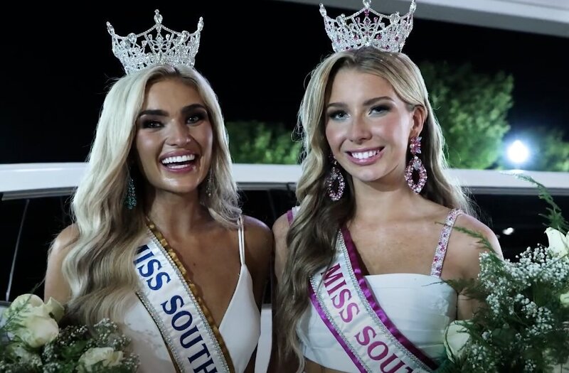 Two people with sashes and crowns on 
