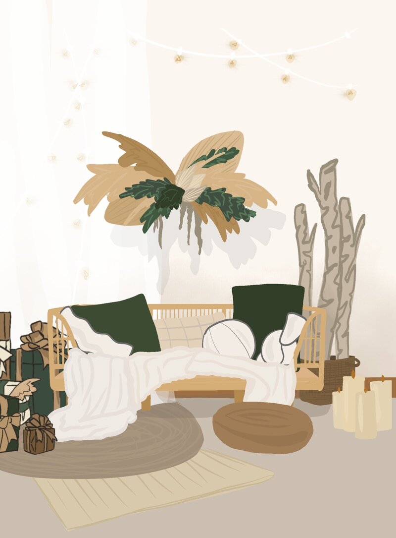 Holiday boho set at a photography studio with rattan daybed and cozy hygge feel.