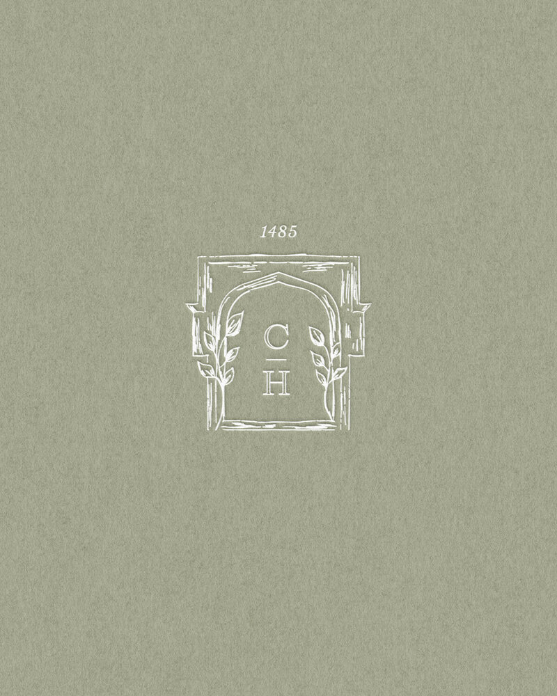 Hand-sketched brand element for Caswell House on green paper background