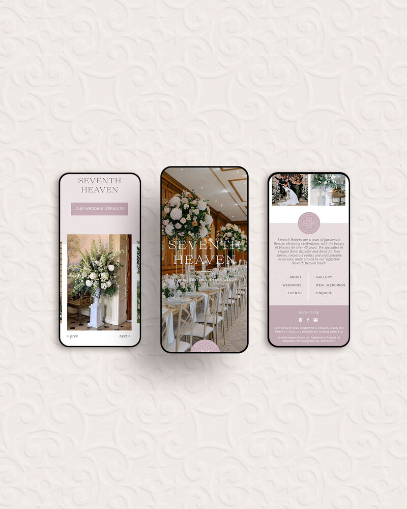 Three mobile mockups of the Seventh Heaven Events website, designed to reflect their luxury floral styling
