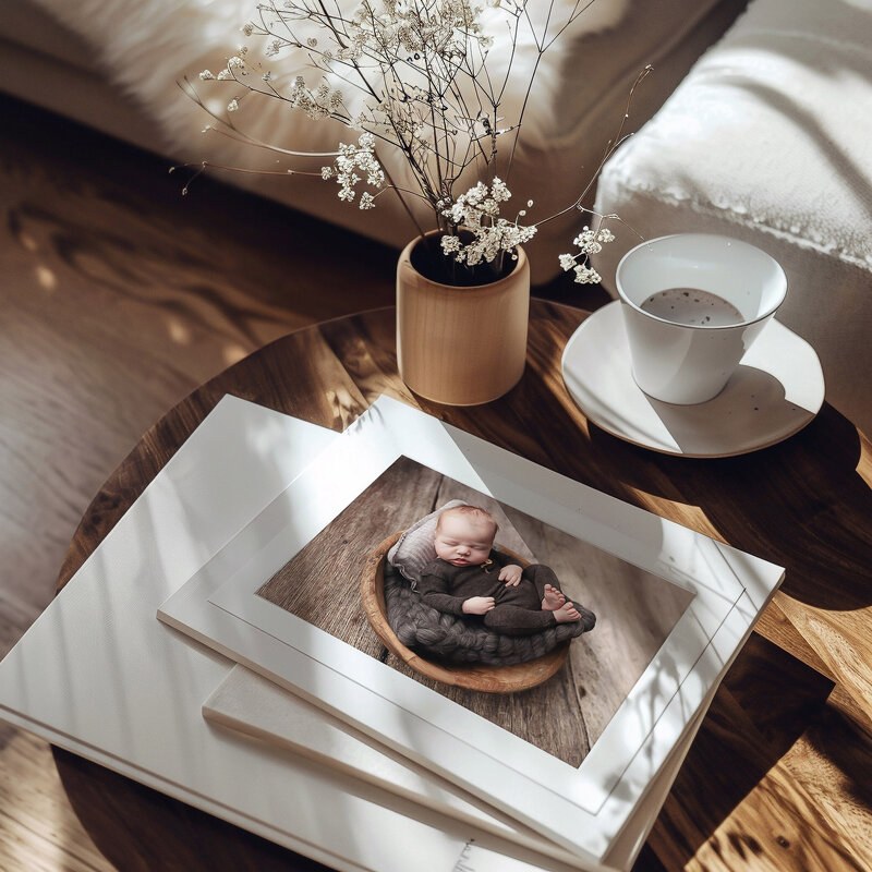 Newborn baby boy sleeps in wooden bowl in brown newborn studio setup.