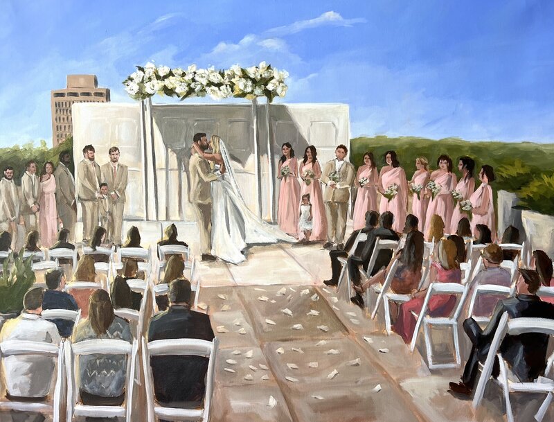Painting of bride and groom walking down the aisle