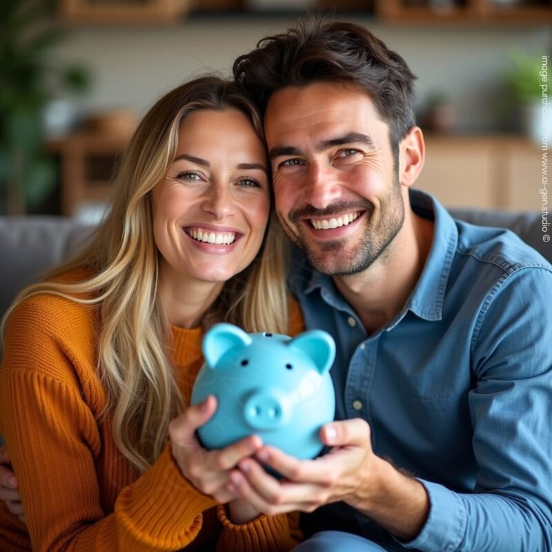 Smiling couple holding piggy bank representing saving through kiwisaver in NZ.”