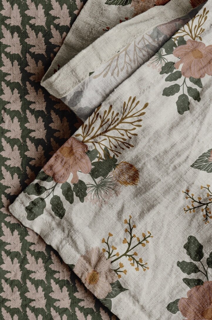 highly textured hand drawn floral groupings pattern in warm rich colors of salmon, soft pinks, earthy green, cozy yellows and vanilla creams are featured on linen fabric - pattern is available for licensing