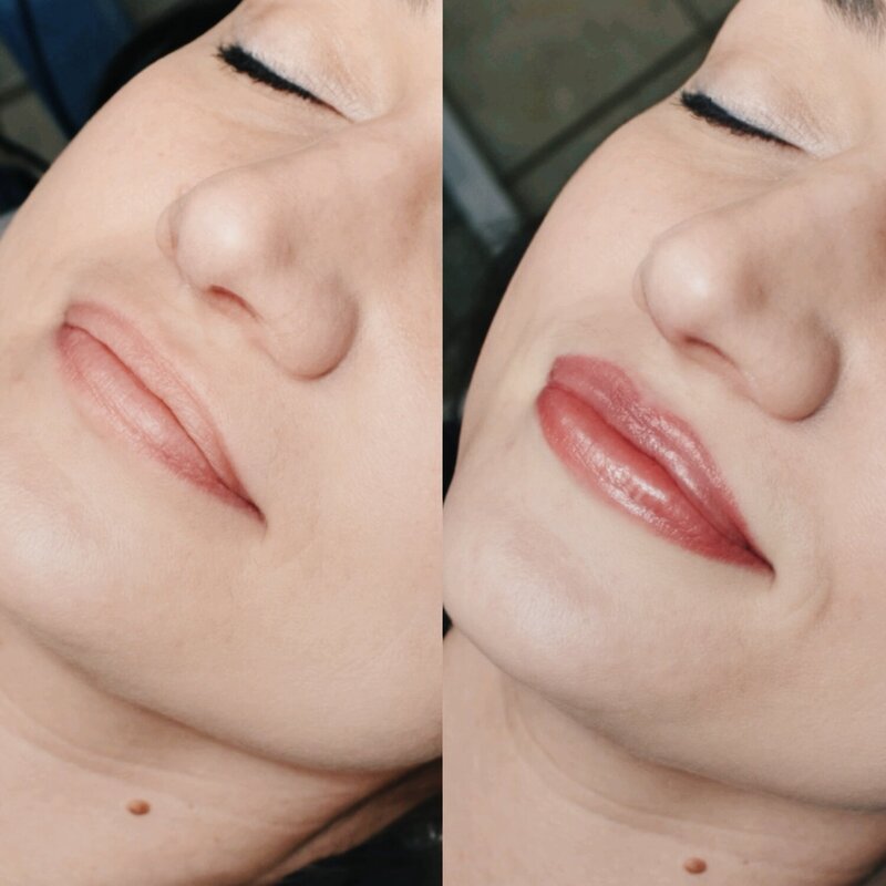 Close-up before and after of a woman’s lips showing a natural-looking permanent blush with added fullness and gloss.
