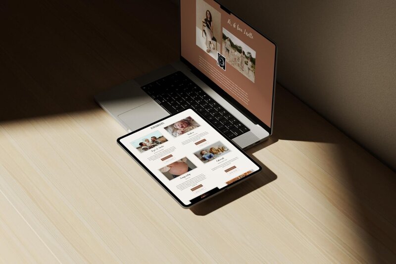 photography website with newborn, maternity, and family session offerings in warm earthy tones.
