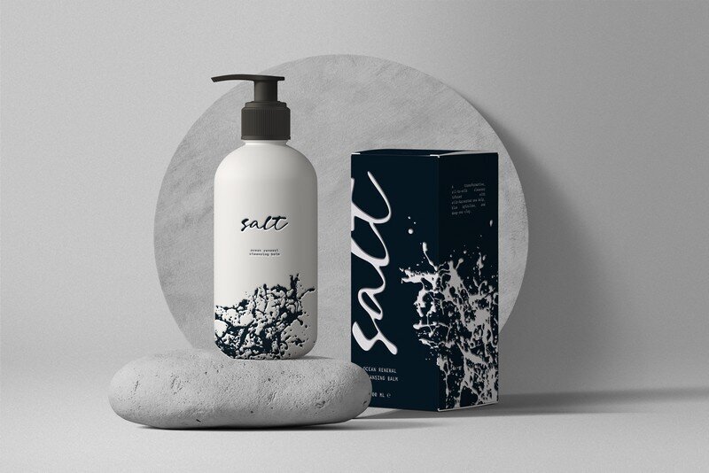 packaging design mockup of skincare bottle and box