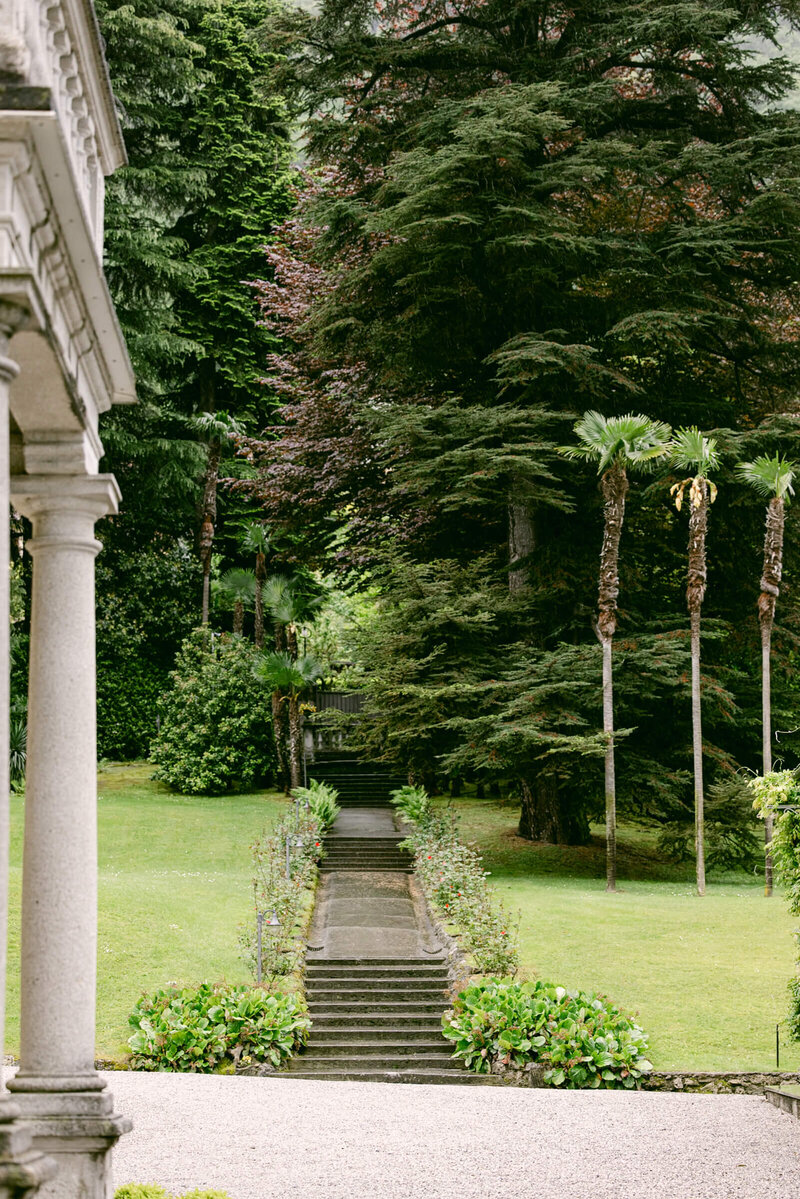 A wedding day photo of the venues gardens at villa aura del lago on Lake Como in  Italy