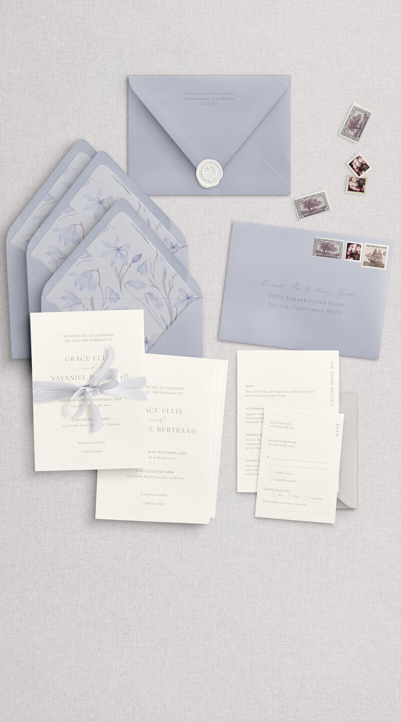 Dreamy blue and floral wedding invites, silk ribbon, letterpress, soft neutrals, calligraphy, Casi cielo vineyards, Camarillo California, Keri Leo Design