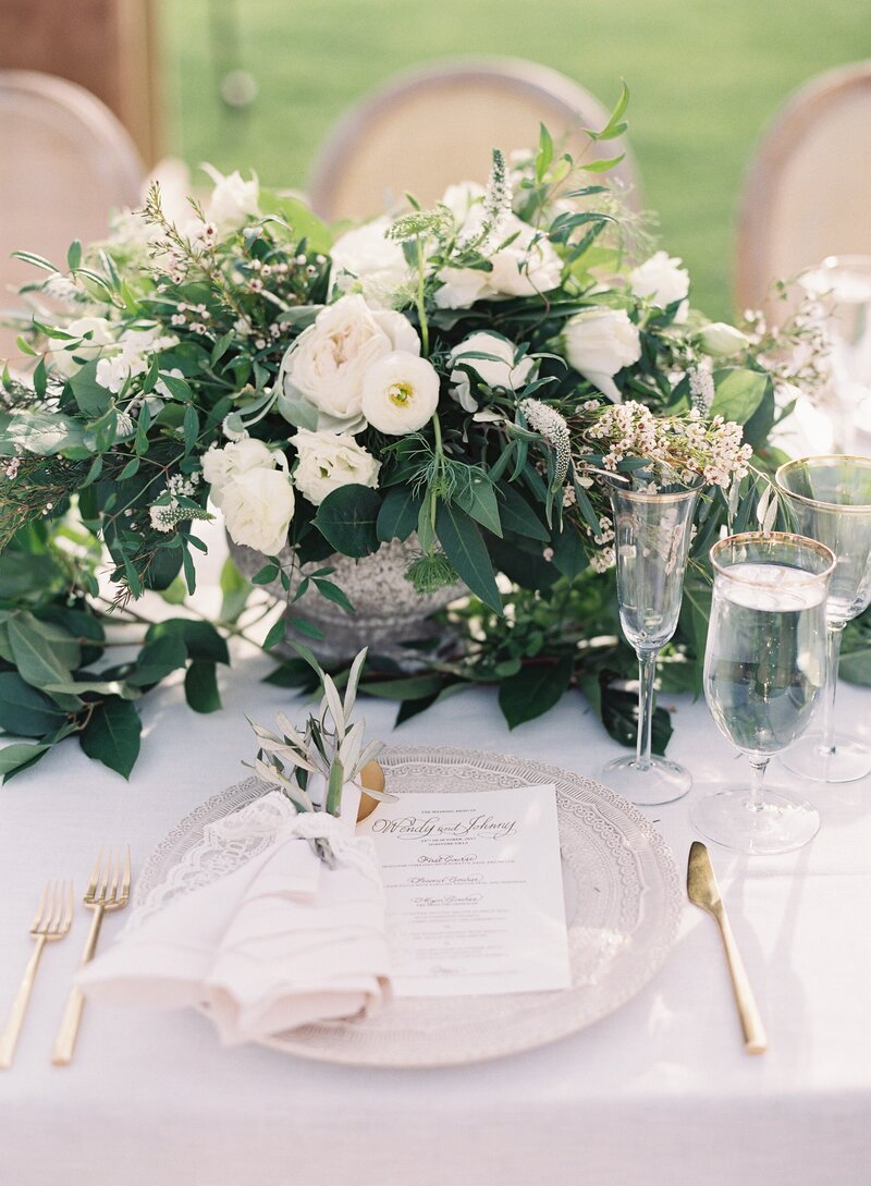 Elegant vineyard florals at Sunstone Villa in Santa Ynez. Luxury destination design by Santa Ynez florist Lilla Bello.