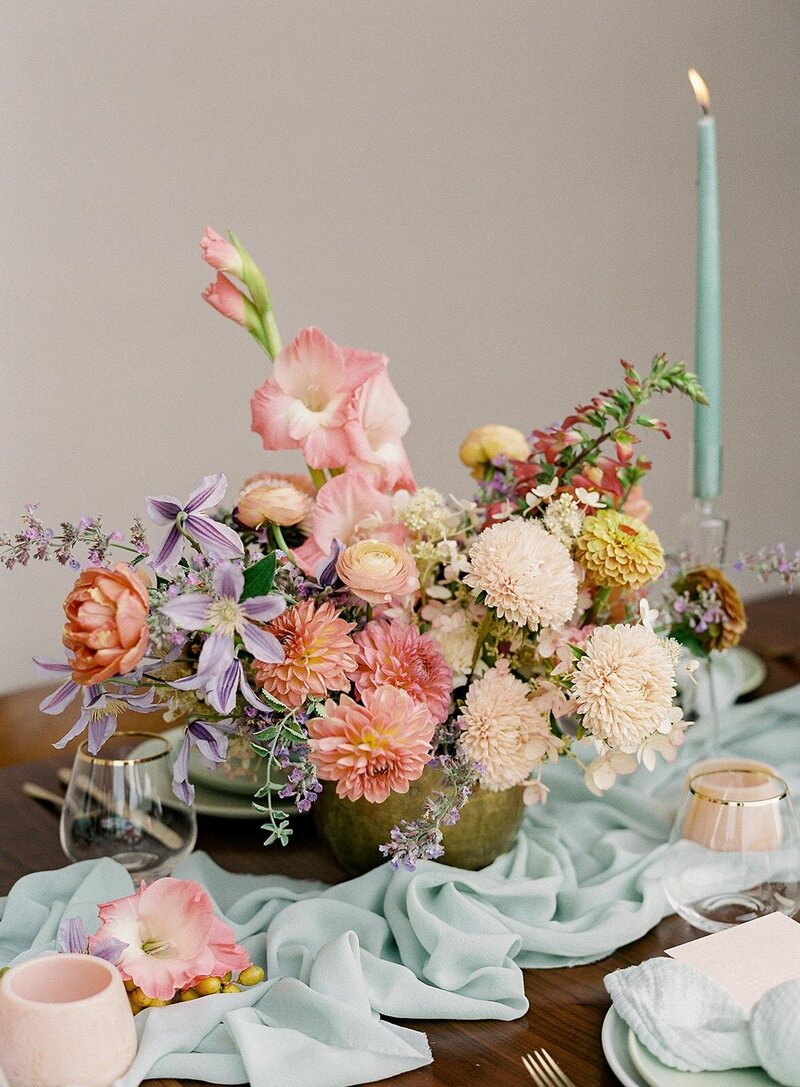 Colorful centerpiece with taper candles