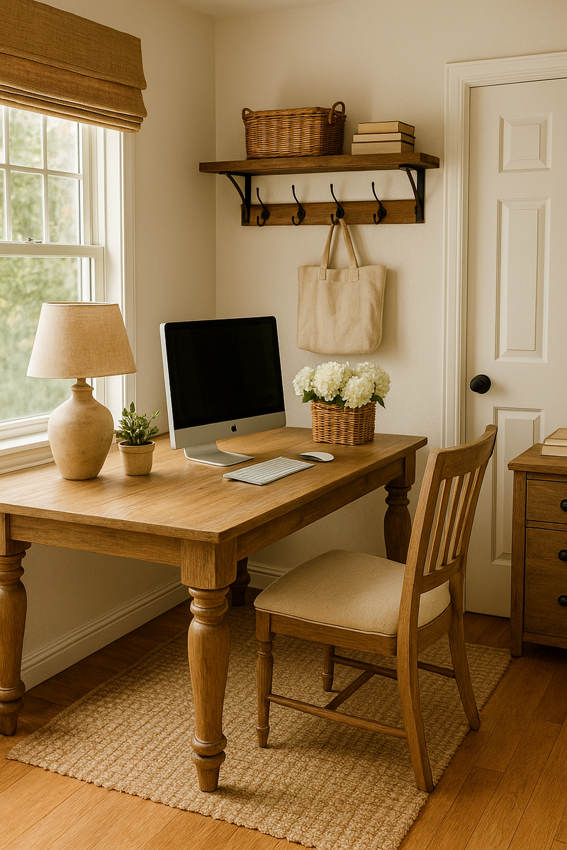 Bible, coffee cup, spiral notebook, and MacBook on coffee table in farmhouse living room