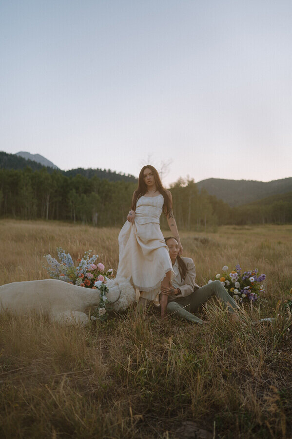 A bridal portrait of a couple on their elopement day. A woman is standing in her wedding dress with her wife sitting on the ground next to her. On the ground to her right is a llama.