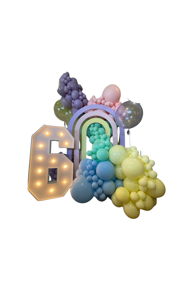 Organic balloon setup with a marquee number, designed by Loononna, LLC, Orlando, LF