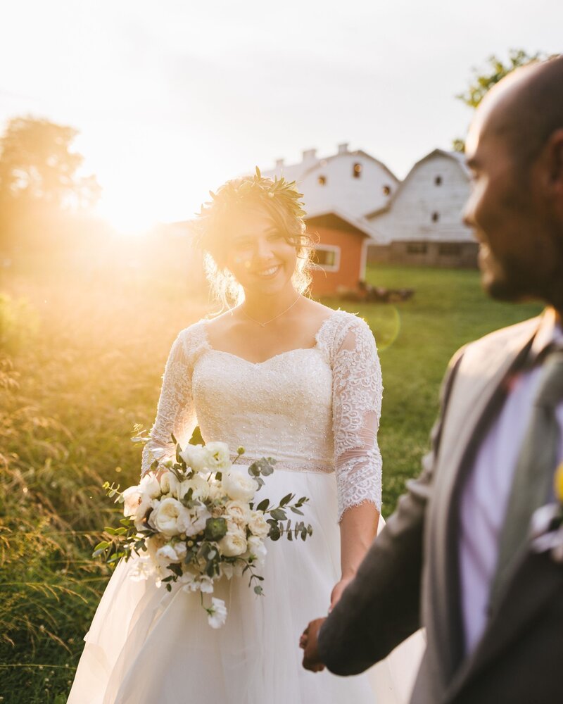 bride and groom at sunset
