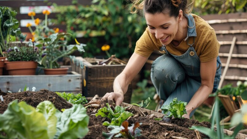 A person wearing a yellow shirt is tending to a lush garden bed with various plants. In the background, there are potted flowers and garden equipment. The setting appears to be a well-maintained and thriving garden space.