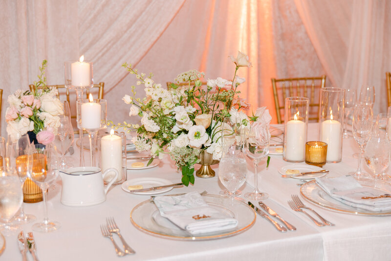 Table Settings for Renee and Ken. Lotta pink, white and gold!
