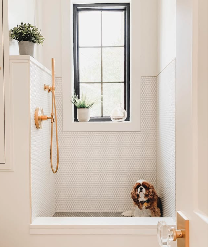 The custom dog wash in the powder room features matching Purist fixtures in a brass finish