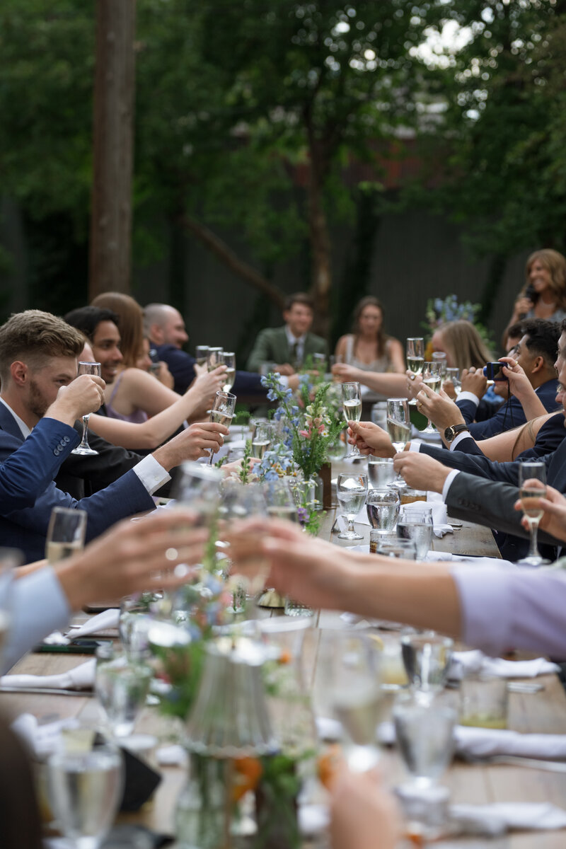 Family and friends cheers at an outdoor reception dinner. 