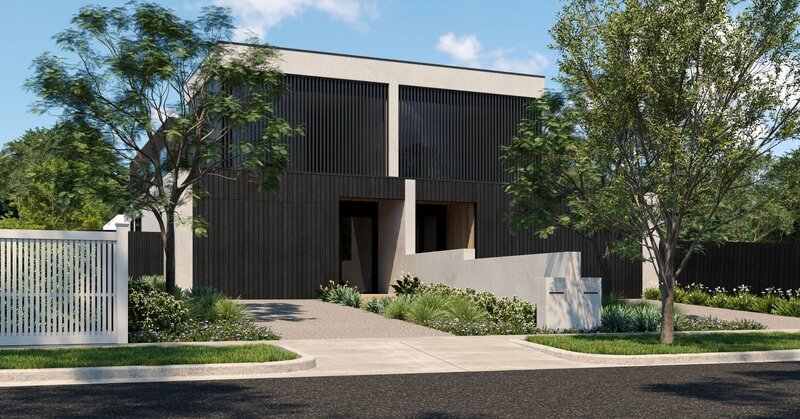 modern duplex render building design black panelling render look walls