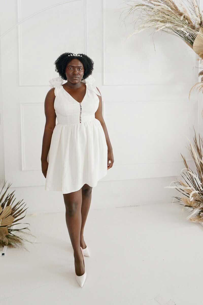 pearl embellished mini wedding dress designer