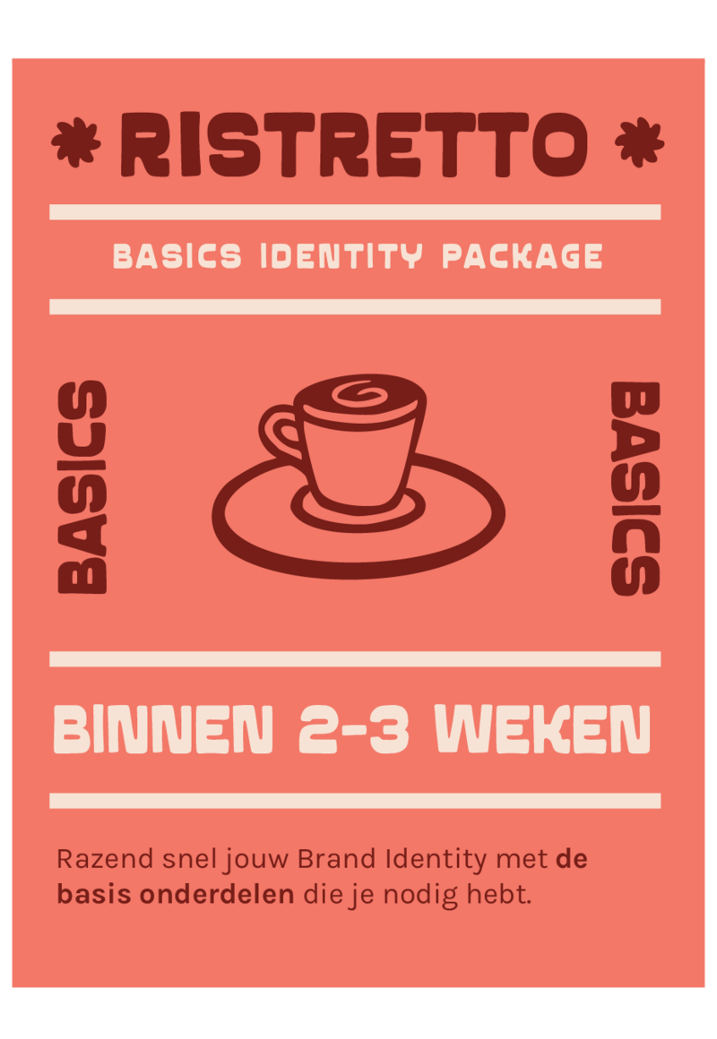 ✹ Strategy deep dive call.
✹ Basis brand toolkit (Logo’s en sublogo’s, typografie, kleuren).
✹ 3x voorbeelden van toepassingen.
✹ Brandsheet met uitleg logo, typografie en kleur gebruik.