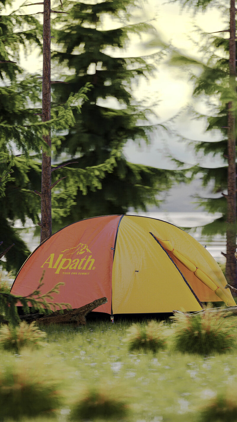 Alpath branding on yellow and orange camping tent set in forest, showcasing outdoor brand identity and logo design.