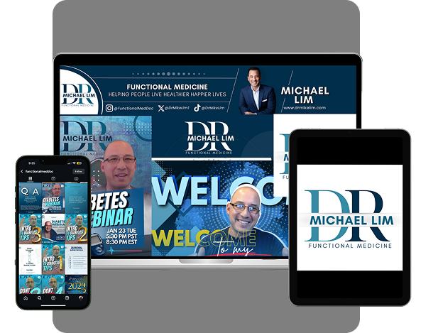 Multi-device preview of personal brand website and social media content created for Dr. Mike Lim's coaching and consulting business