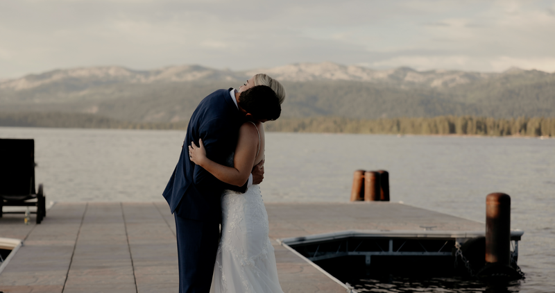 Bride and Groom Hugging by the Lake in Idaho