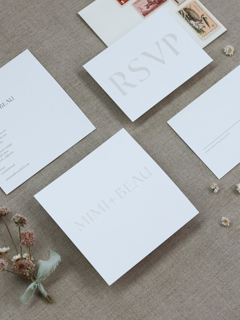 Flatlay image of wedding invitations