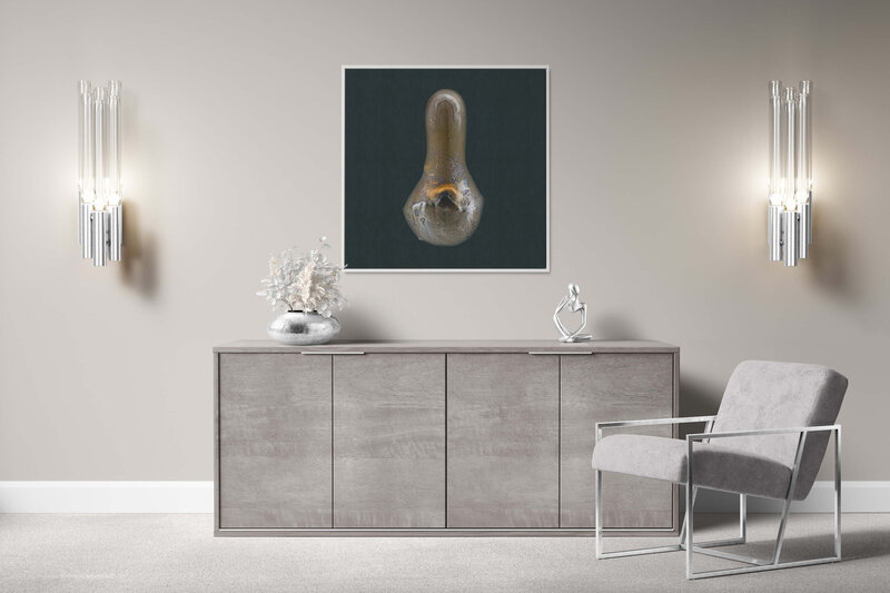 Fine Art Canvas with a white frame featuring Project Stardust micrometeorite NMM 2583 for luxury interior design
