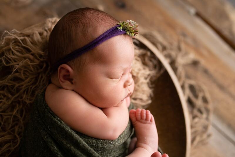 Slinger Wisconsin Newborn photo session baby in prop sleeping in studio | Glory Be Photography by Tara Bos