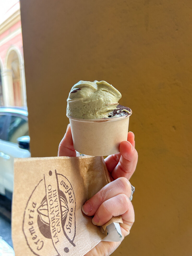 A cup of pistachio gelato - you can tell it's quality from the muted green color.