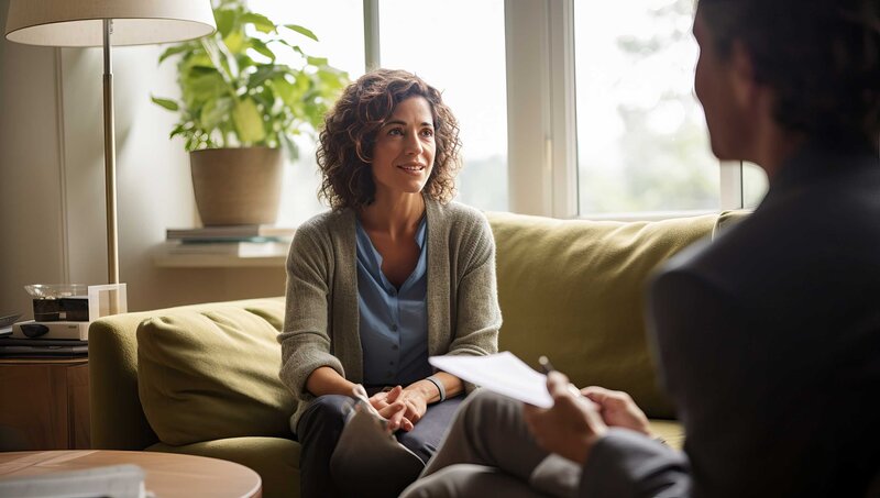 Middle-aged lady is sitting on the couch talking to her therapist