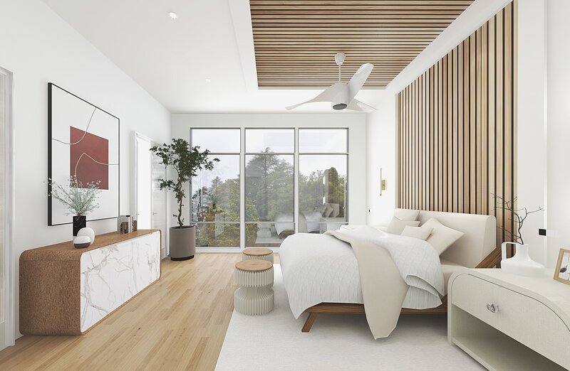 Luxury primary suite in Waxhaw, NC. Custom ceiling details for modern bedroom design