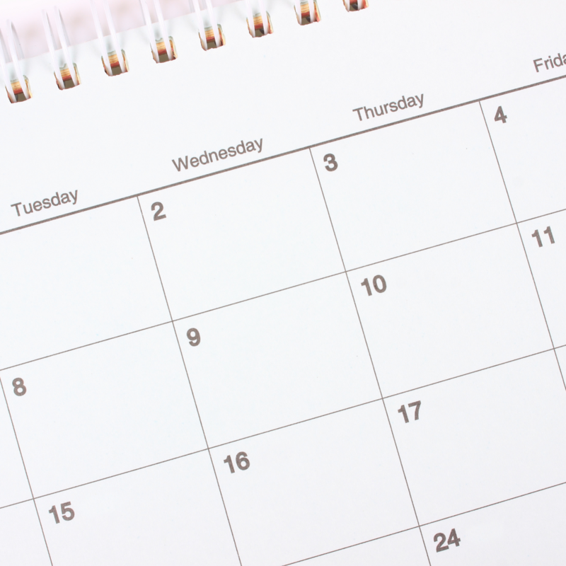 Close up of a non-specific calendar month, representing  Ecosystems' trash and recycling service calendar for rural Lane County